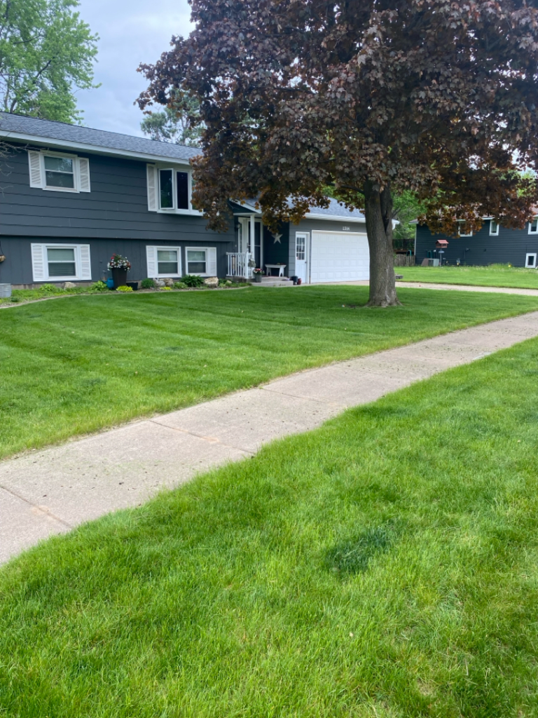 A vibrant, neatly mowed green lawn in Eau Claire during the summer.