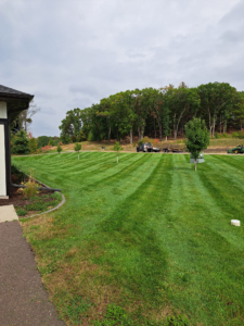 Perfectly striped, healthy green residential lawn in Eau Claire, Wisconsin, professionally maintained by Garbers & Sons.